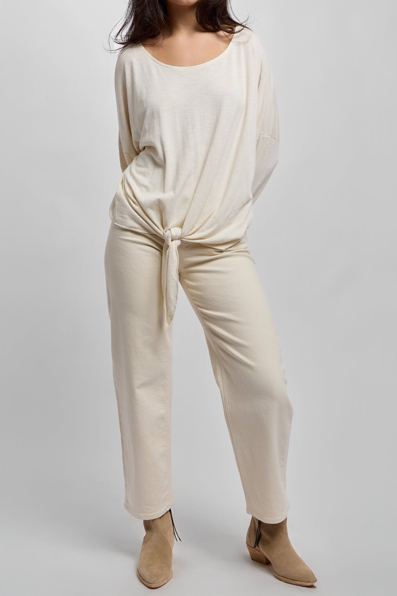 Womens beige colored straight leg jeans made in australia