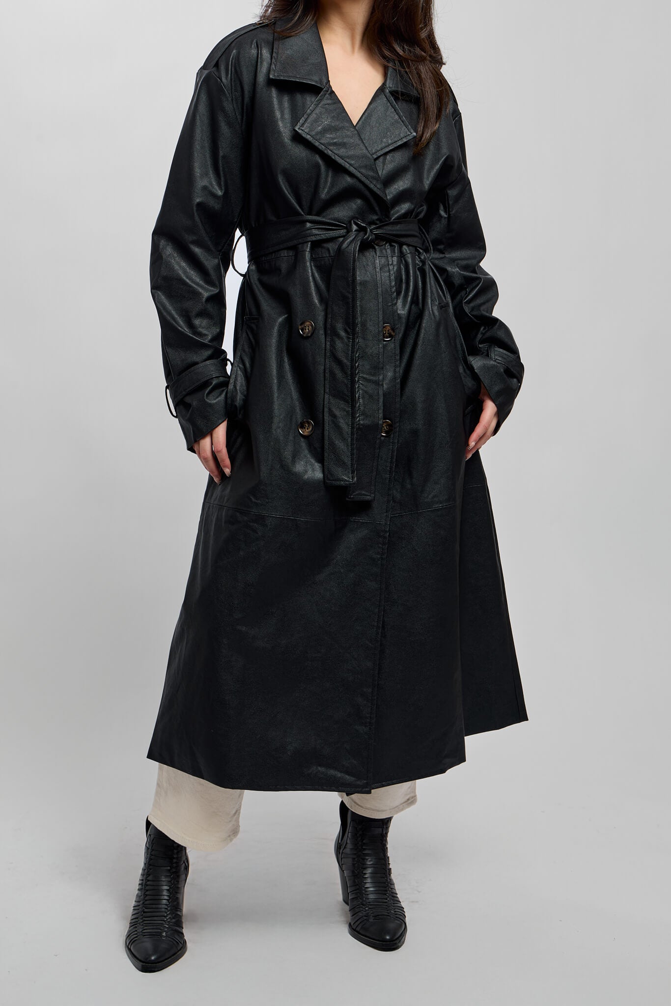 Womens black vegan leather black trench coat