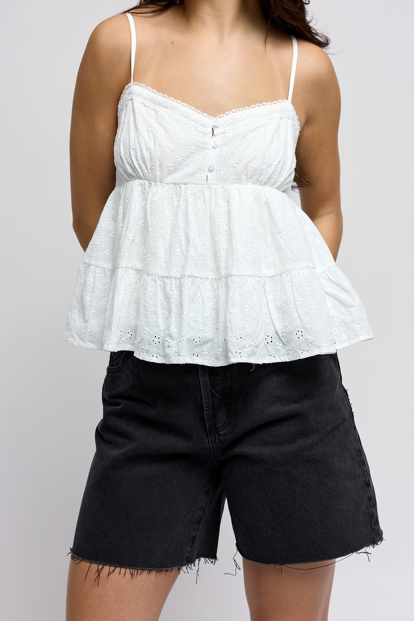Womens white Pointelle flowy top with front buttons
