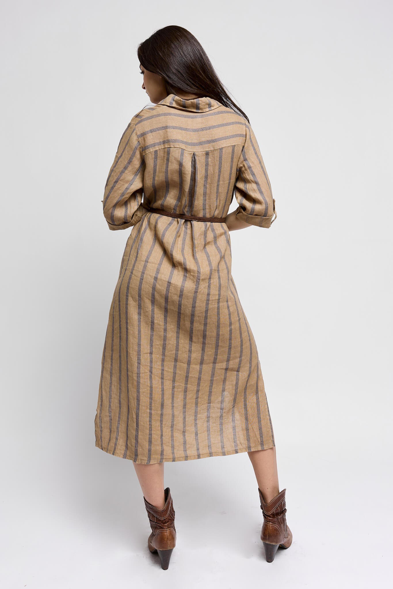 Womens long tunic dress shirt with vertical stripes and rolled cuff sleeves