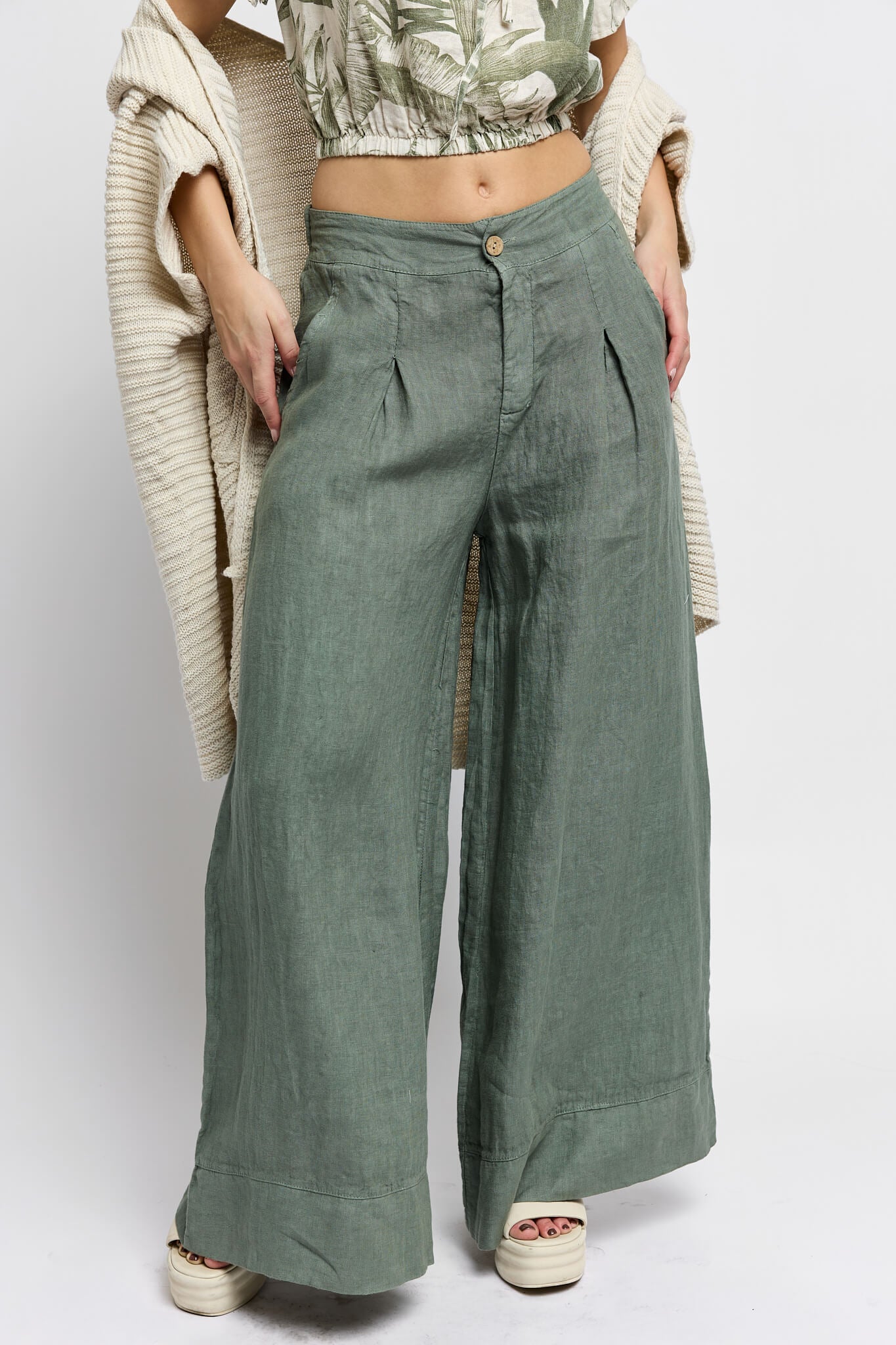 Womens wide leg green trouser pant
