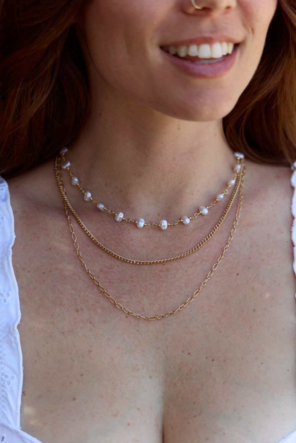 Womens gold necklace with freshwater pearl inspired beads