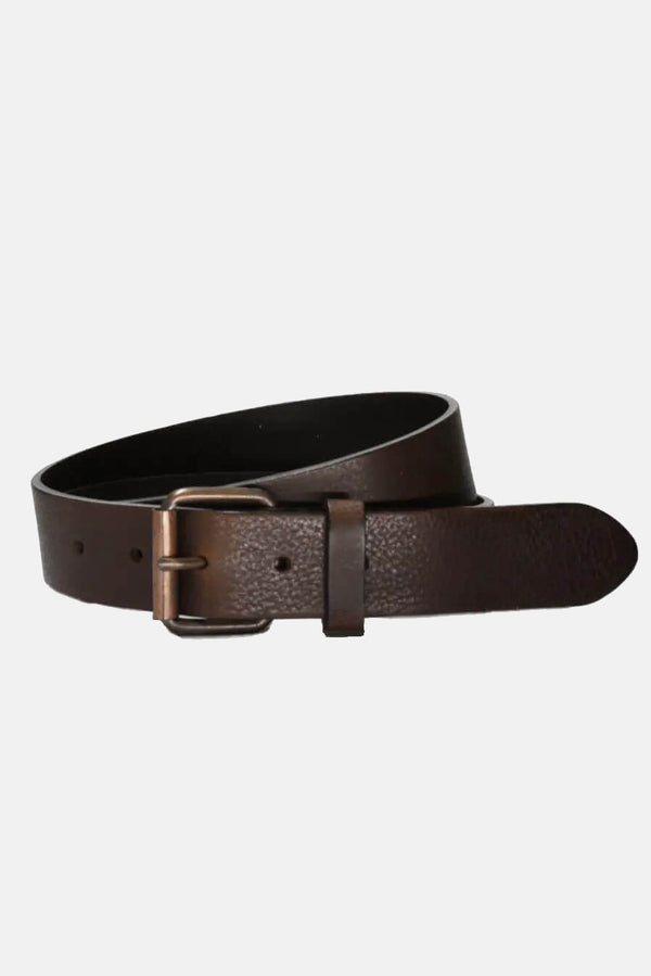 brown leather belt with copper buckle