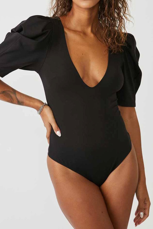 $68 Free People Women's Black Plunging V-neck Puff-Sleeve Thong