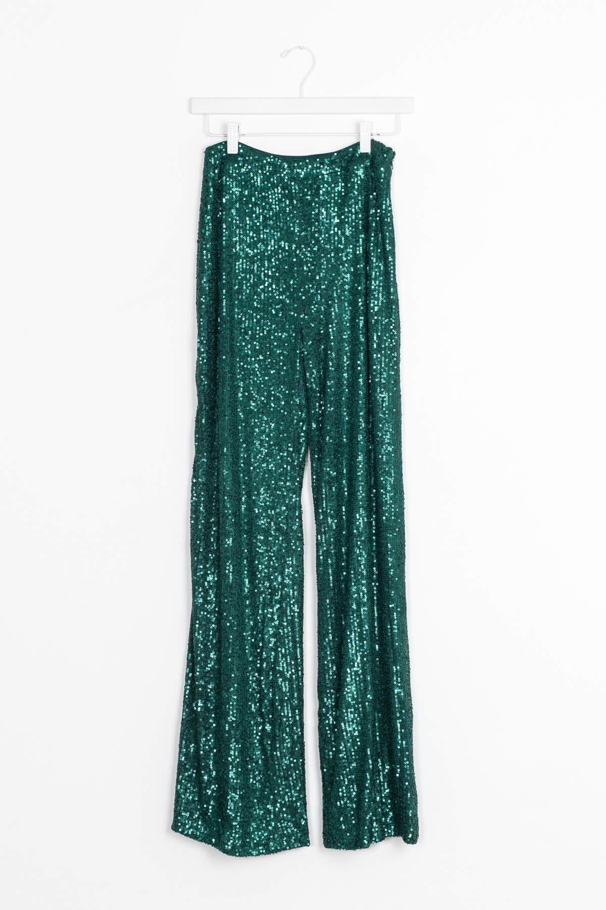 Green sequin flare pants