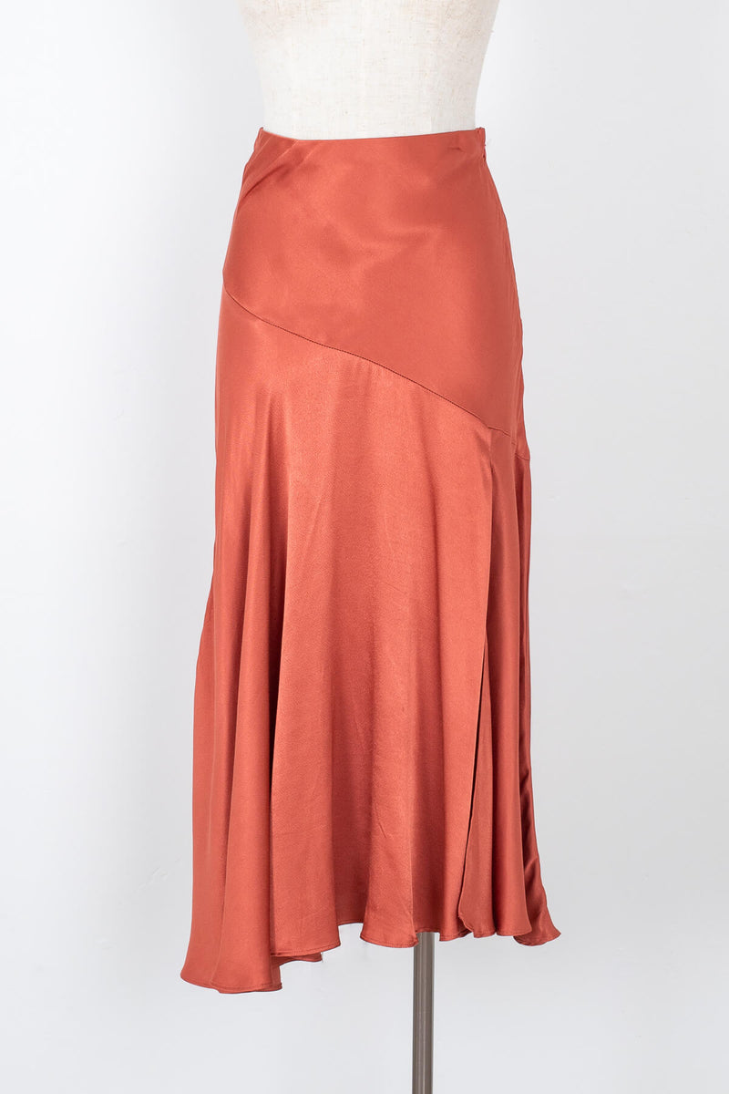 Women's satin rust asymmetrical midi skirt | Kariella