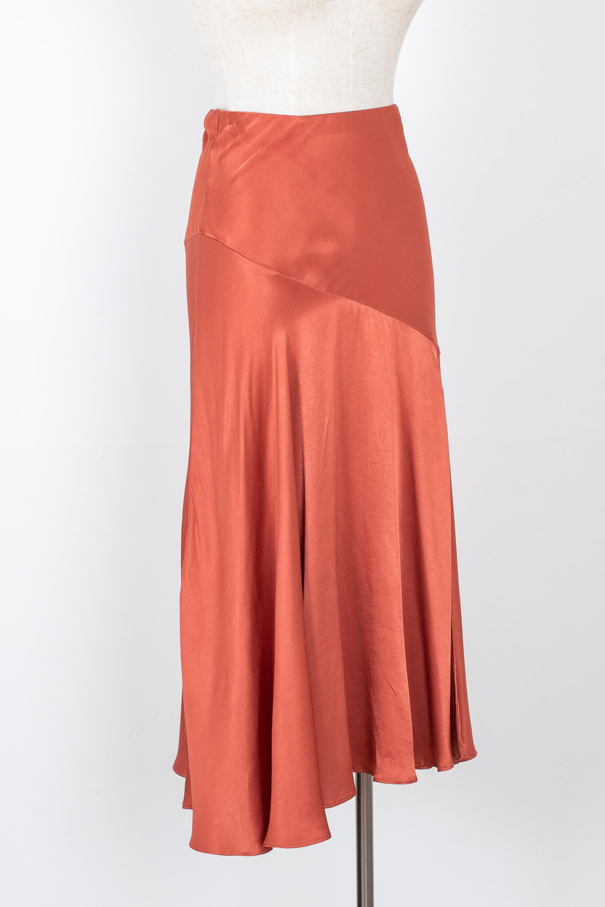 Women's asymmetrical satin rust midi skirt | Kariella.com