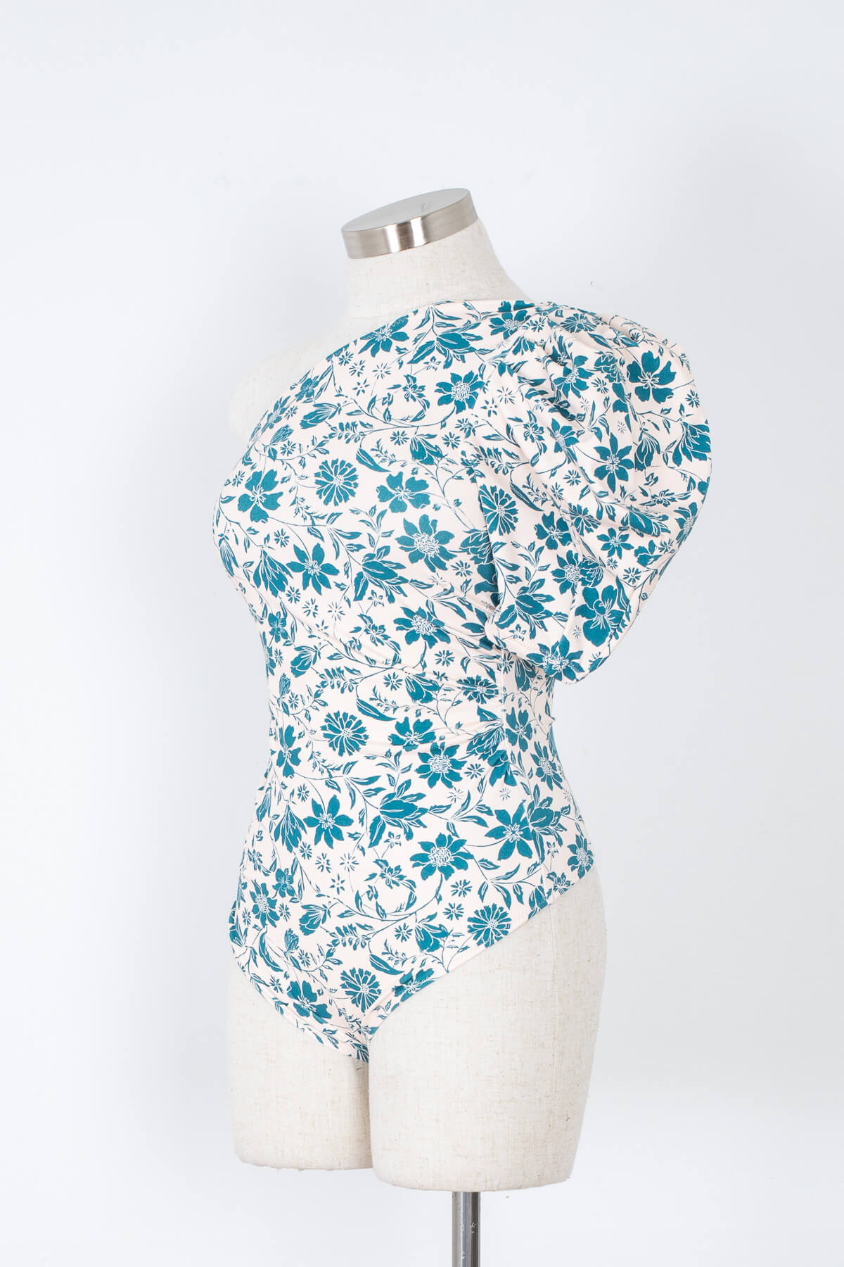 Women's blue floral print puff sleeve bodysuit | Kariella.com