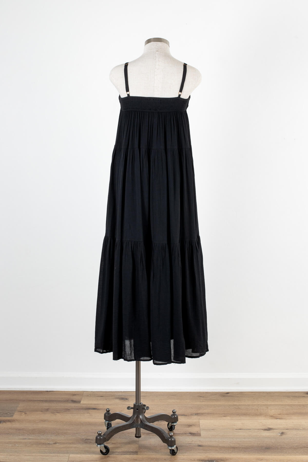 Women's black tiered summer maxi dress with adjustable straps | Kariella