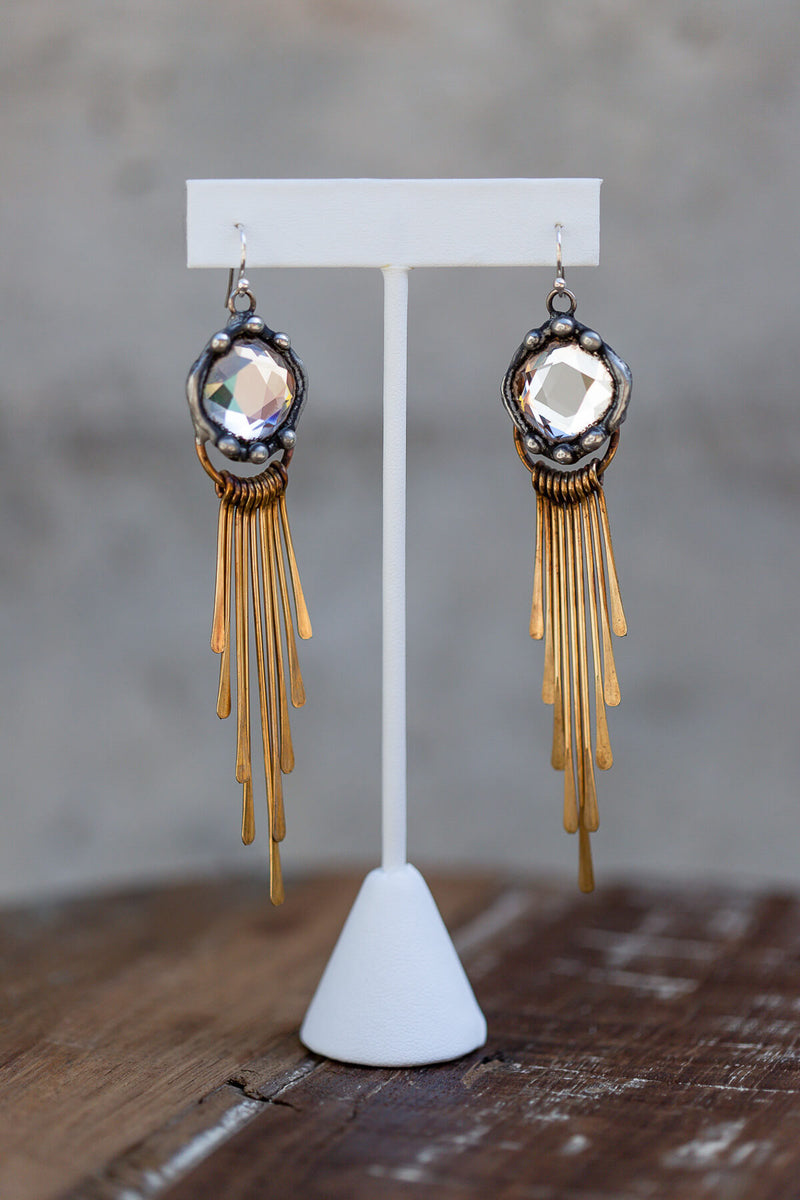 mikal winn crystal brass fringe earrings