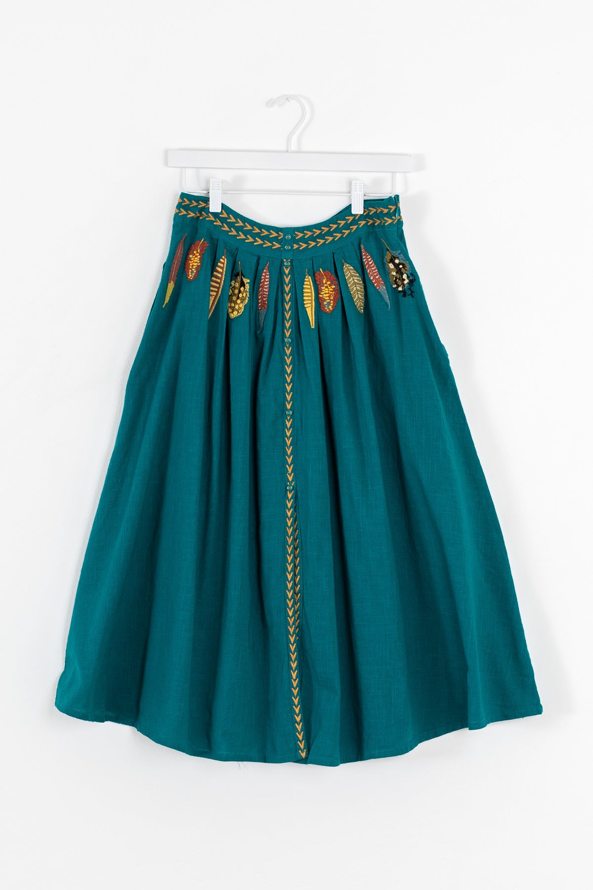Women's teal midi skirt with gold embroidery | Kariella