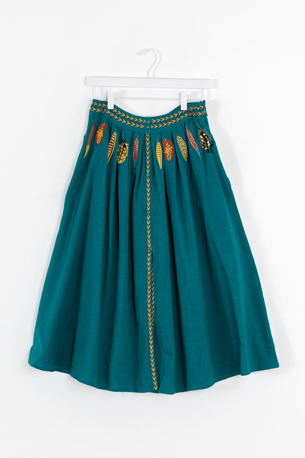 Women's teal midi skirt with gold embroidery | Kariella