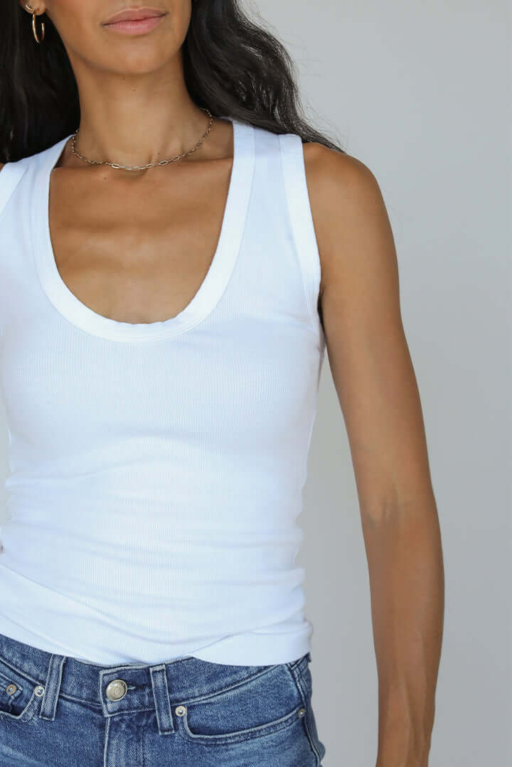 womens white ribbed scoop neck cotton tank