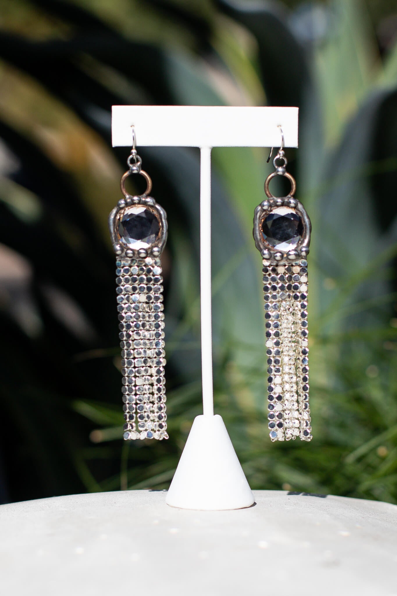 crystal and mesh silver earrings
